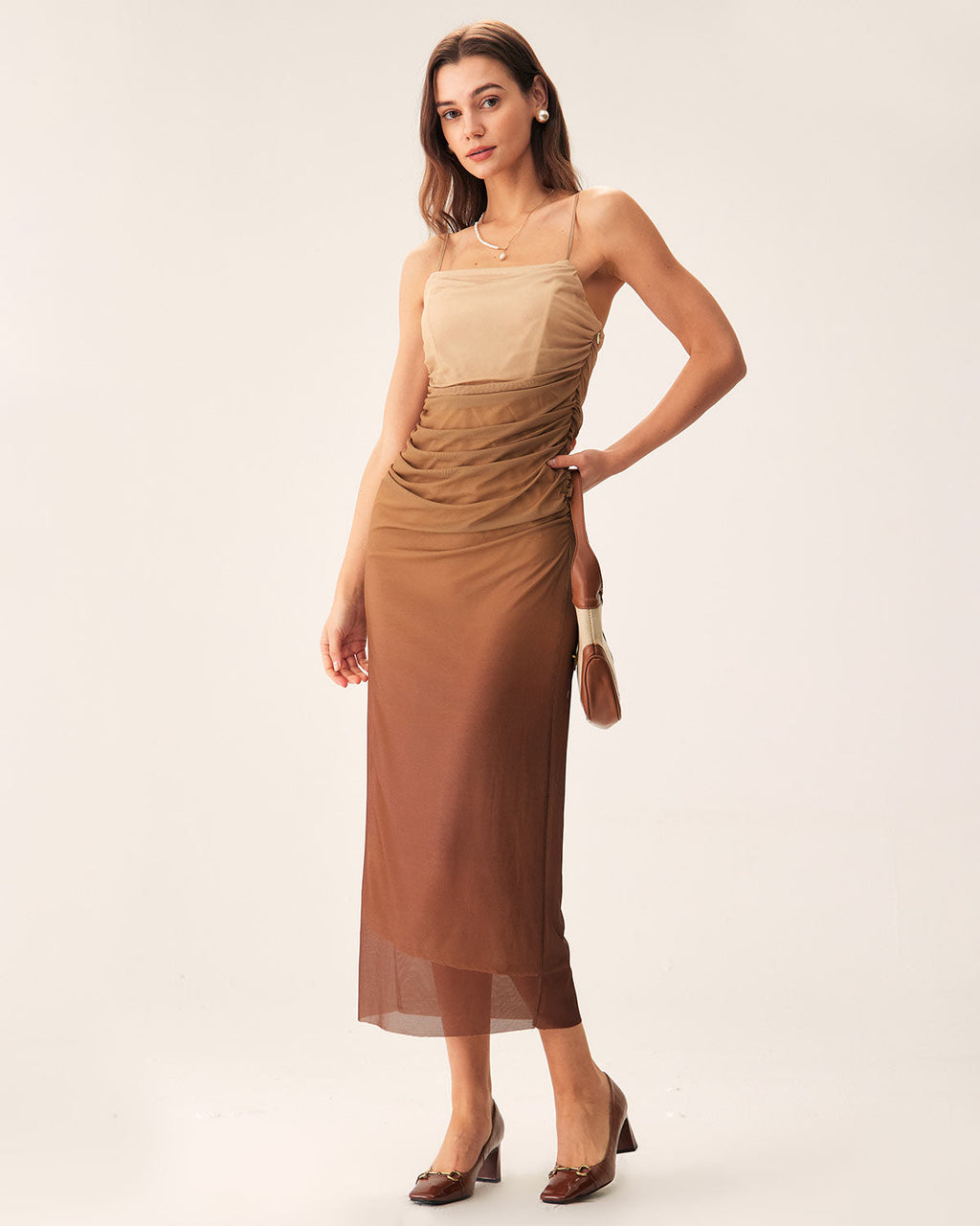 Alessia | Damen Mesh-Midikleid mit Raffung – Braun
