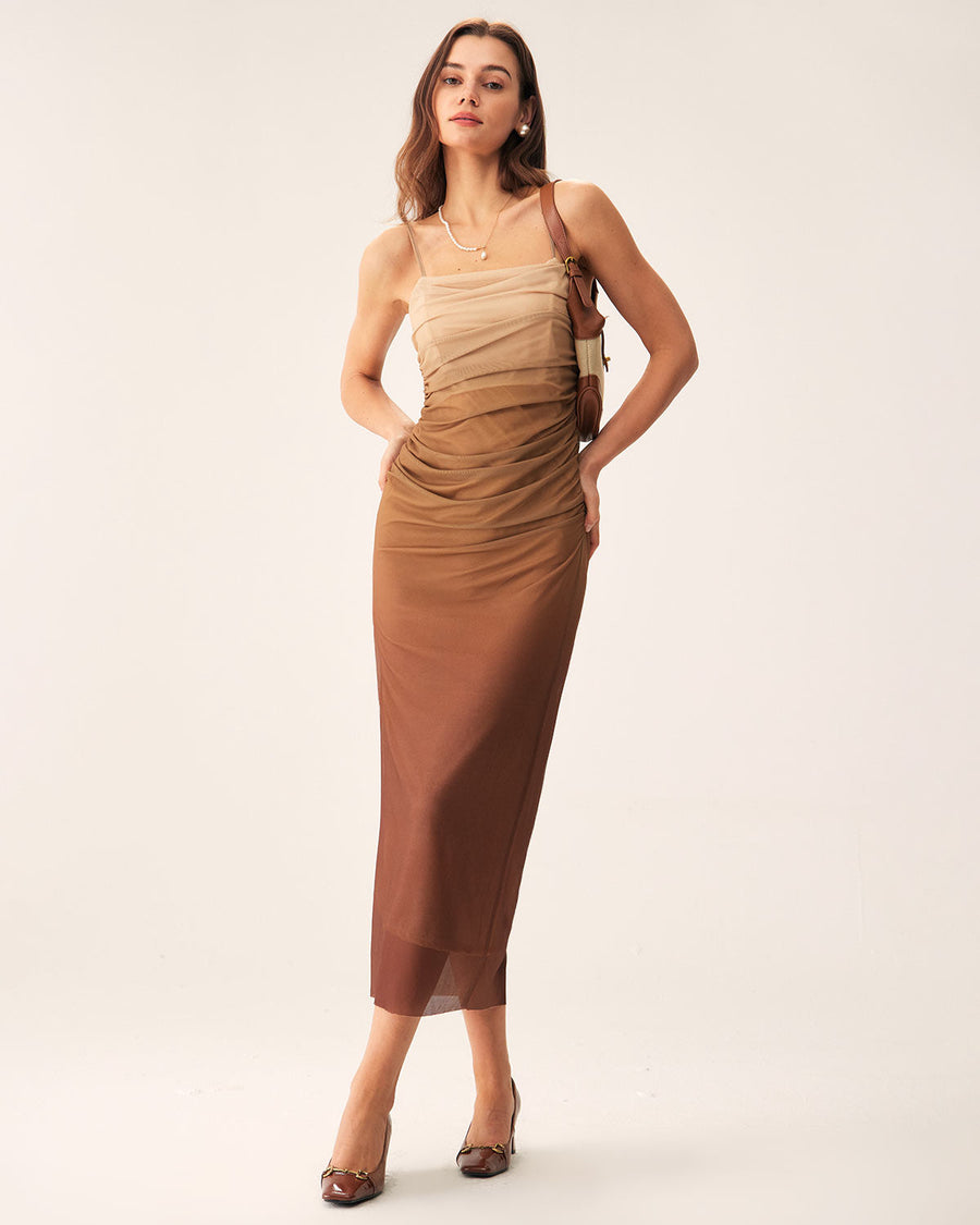 Alessia | Damen Mesh-Midikleid mit Raffung – Braun