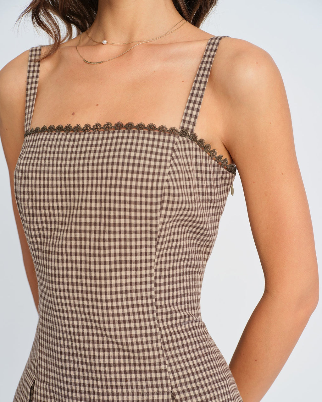 Feline | Damen Karo-Minikleid mit Raffung – Braun