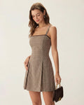 Feline | Damen Karo-Minikleid mit Raffung – Braun