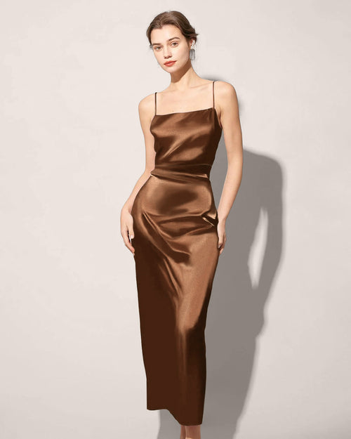 Claire | Damen Satin-Maxikleid – Mokkabraun