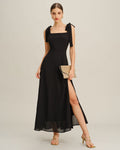 Coralie | Damen Chiffon-Maxikleid mit Bindeträgern – Schwarz
