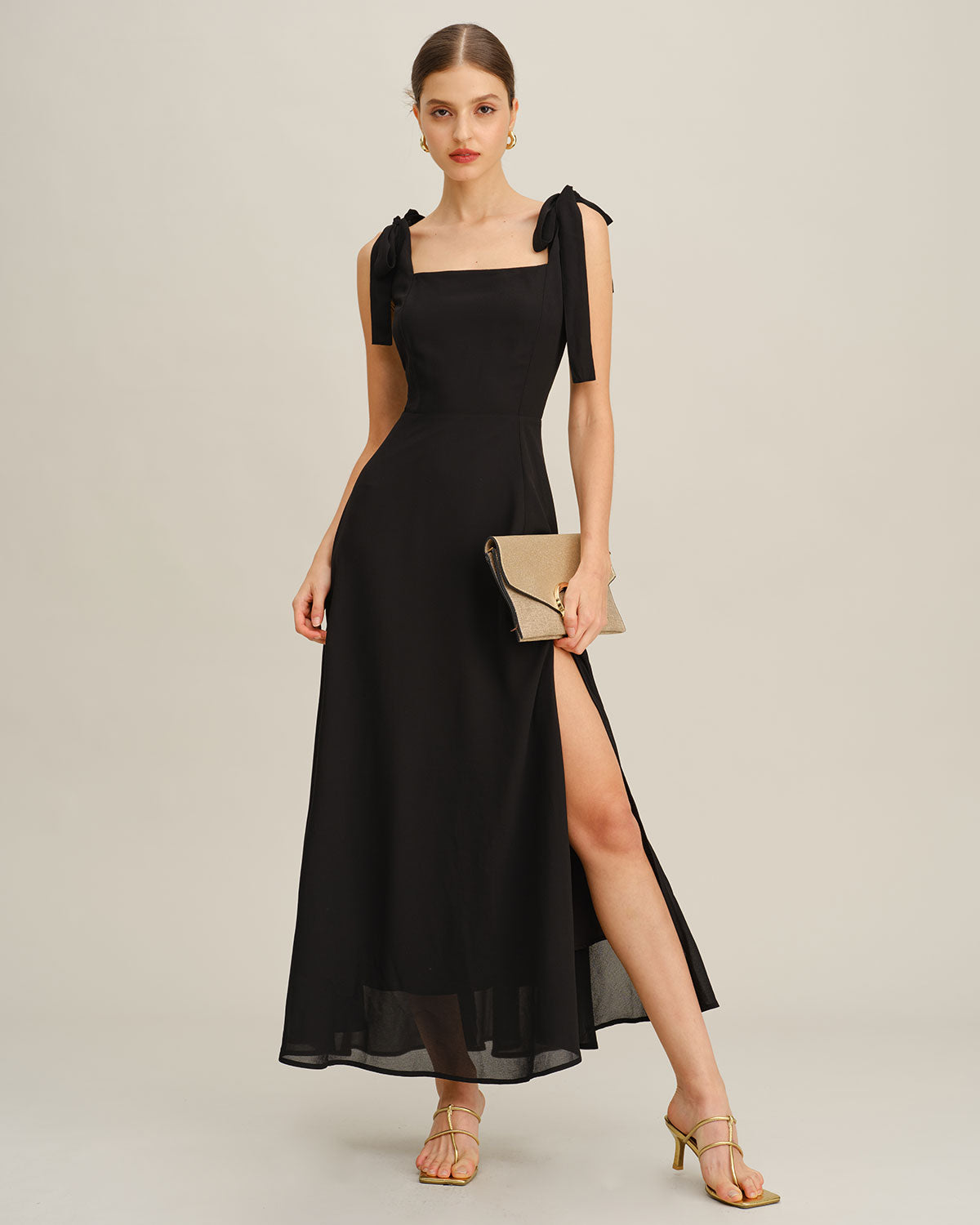 Coralie | Damen Chiffon-Maxikleid mit Bindeträgern – Schwarz