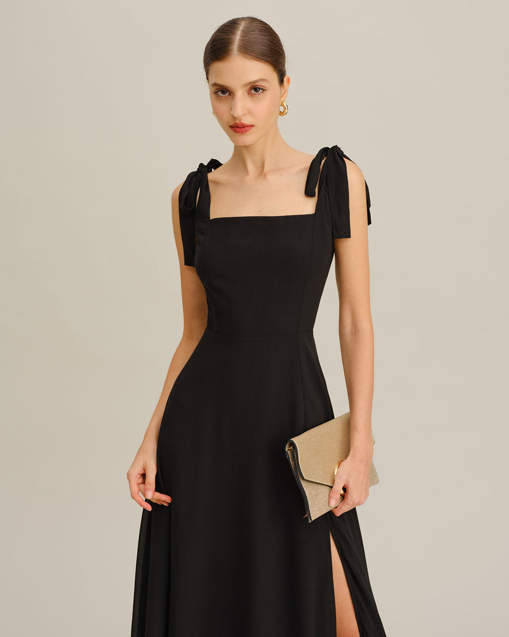 Coralie | Damen Chiffon-Maxikleid mit Bindeträgern – Schwarz