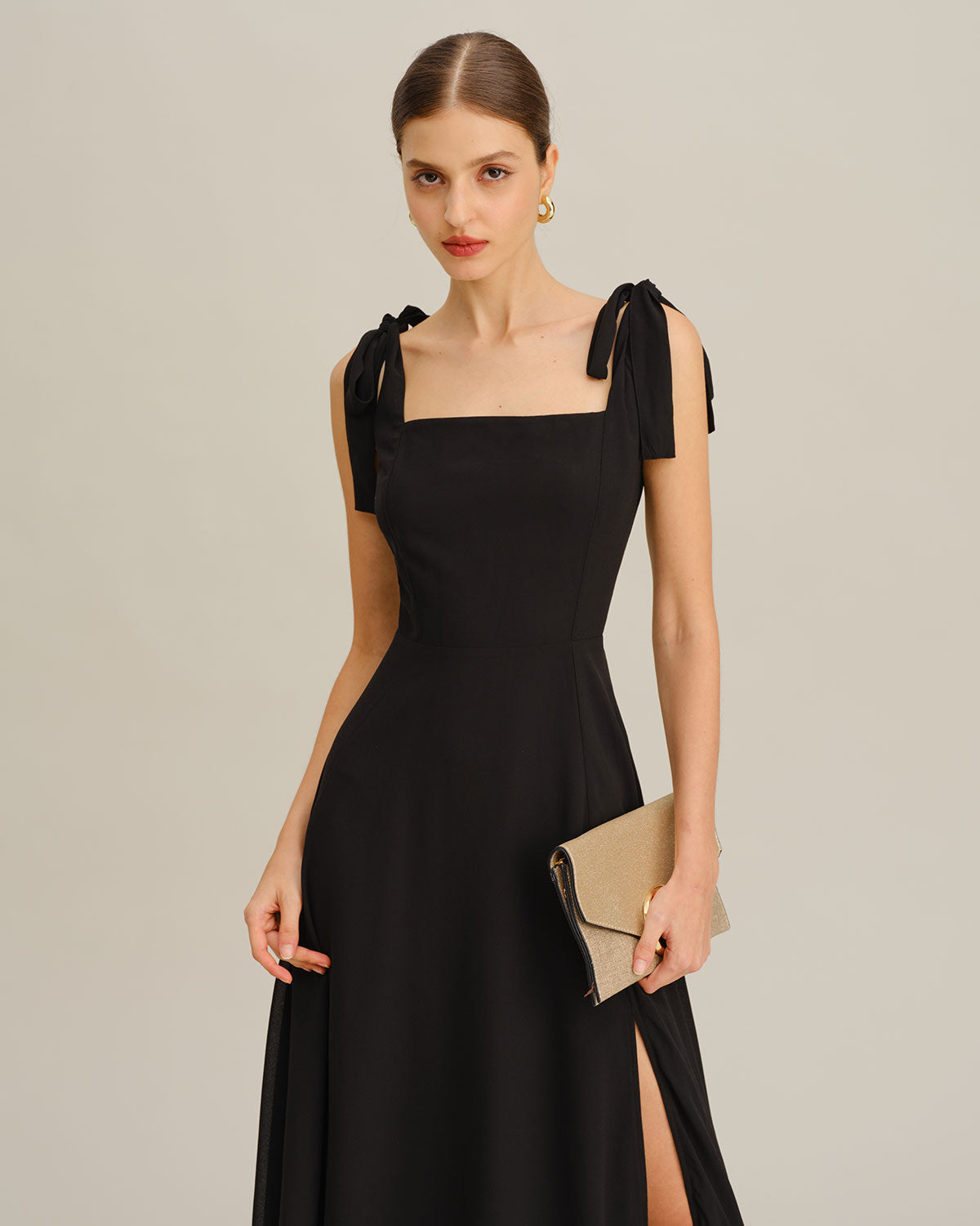 Coralie | Damen Chiffon-Maxikleid mit Bindeträgern – Schwarz