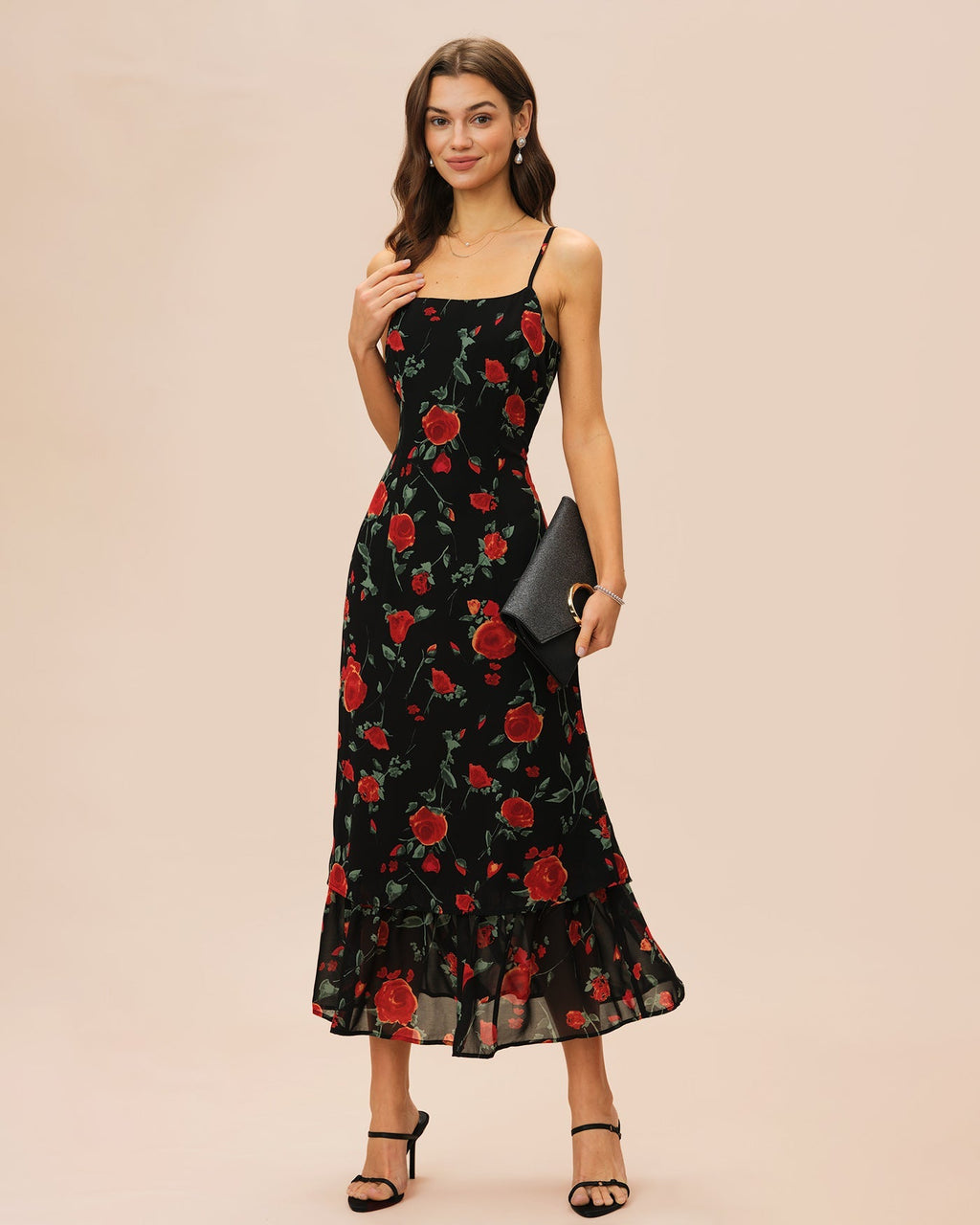 Bianca | Damen Chiffon-Floral-Maxikleid – Schwarz