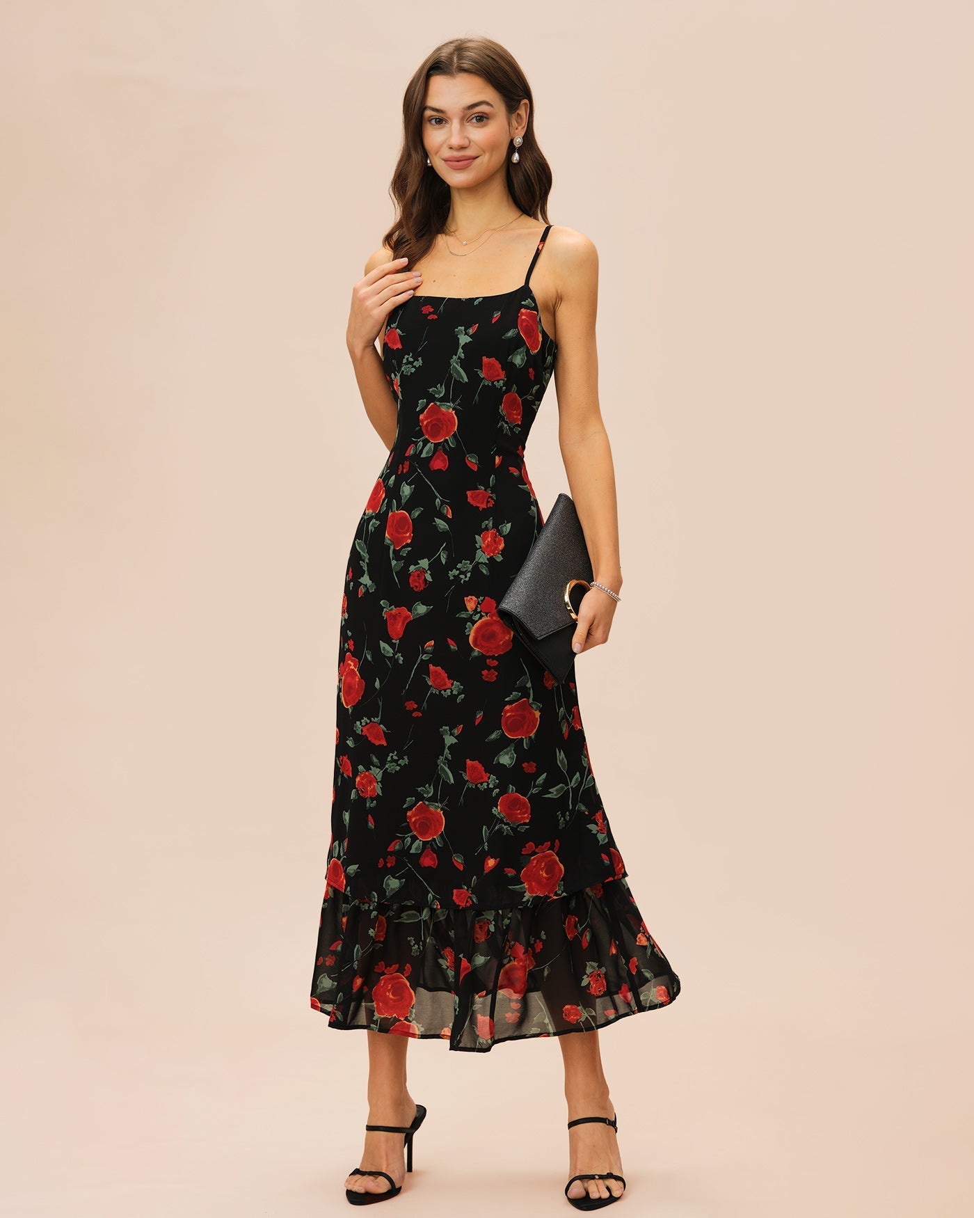 Bianca | Damen Chiffon-Floral-Maxikleid – Schwarz