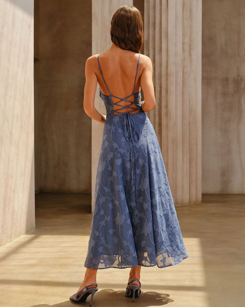 Zélie | Damen Jacquard-Maxikleid mit Raffung – Blau