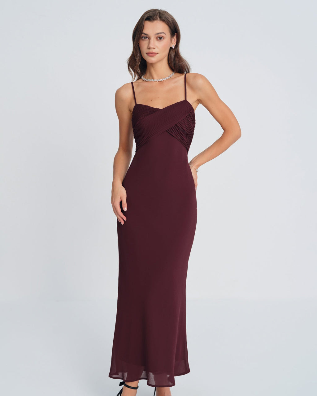 Inès | Damen Maxikleid mit Raffung – Bordeaux