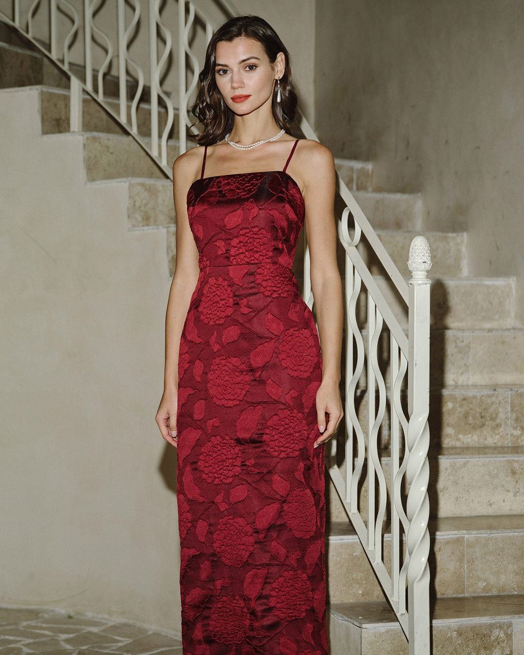 Dalia | Damen Jacquard-Maxikleid – Rot