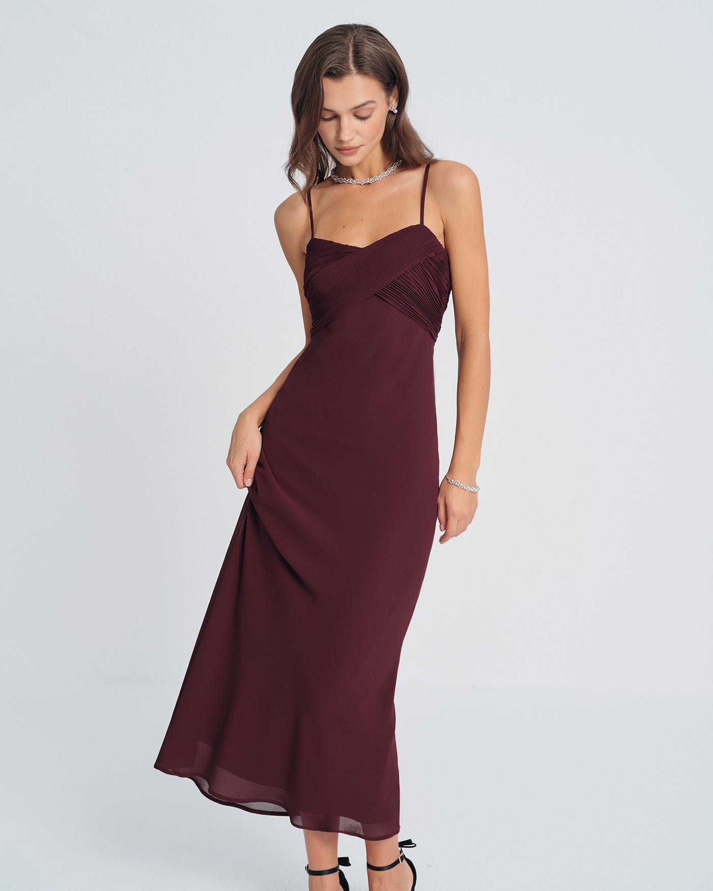 Inès | Damen Maxikleid mit Raffung – Bordeaux