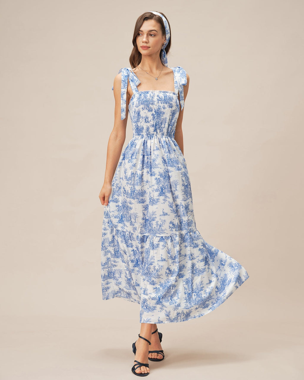 Amara | Damen Floral-Maxikleid mit Bindeträgern – Blau