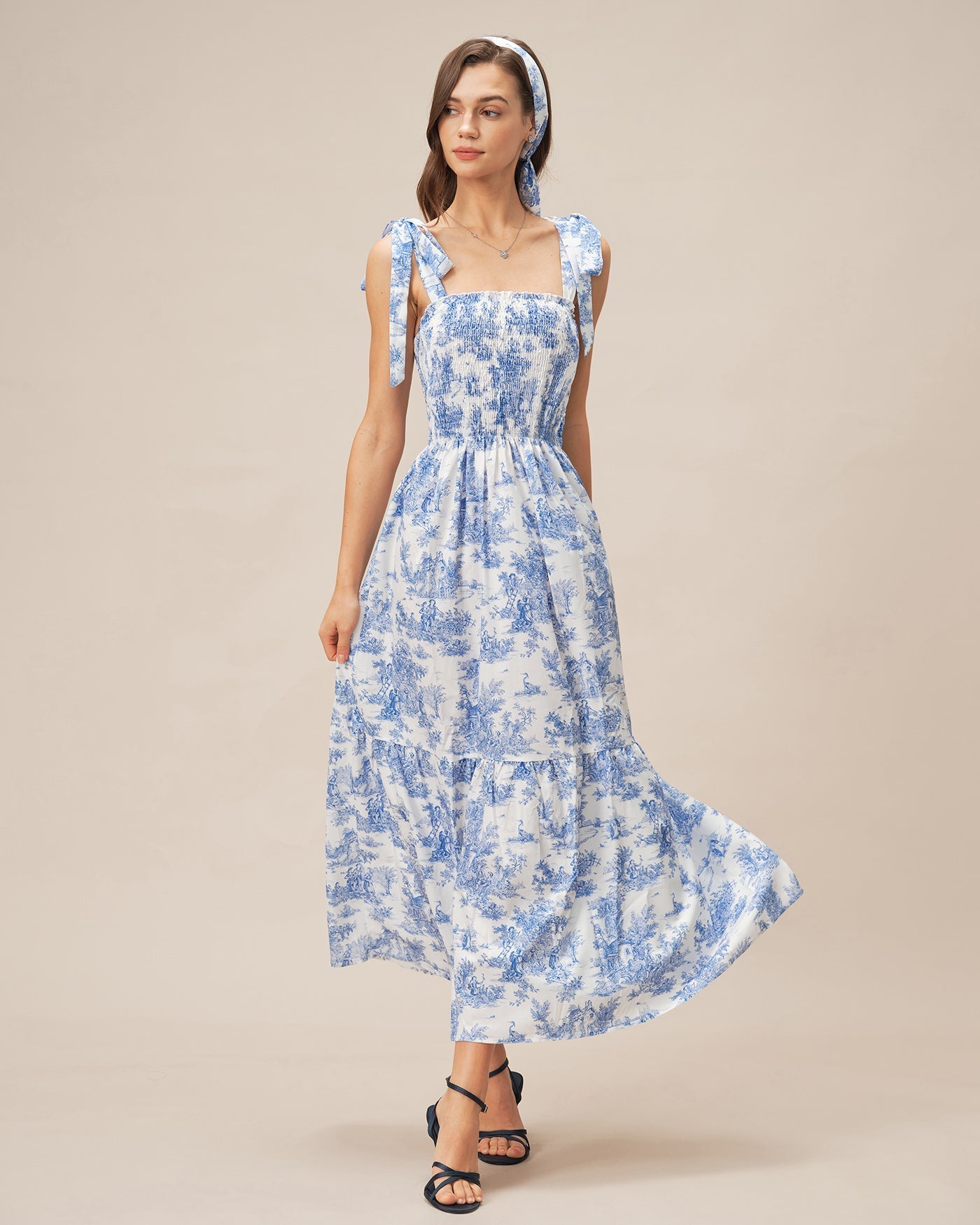 Amara | Damen Floral-Maxikleid mit Bindeträgern – Blau