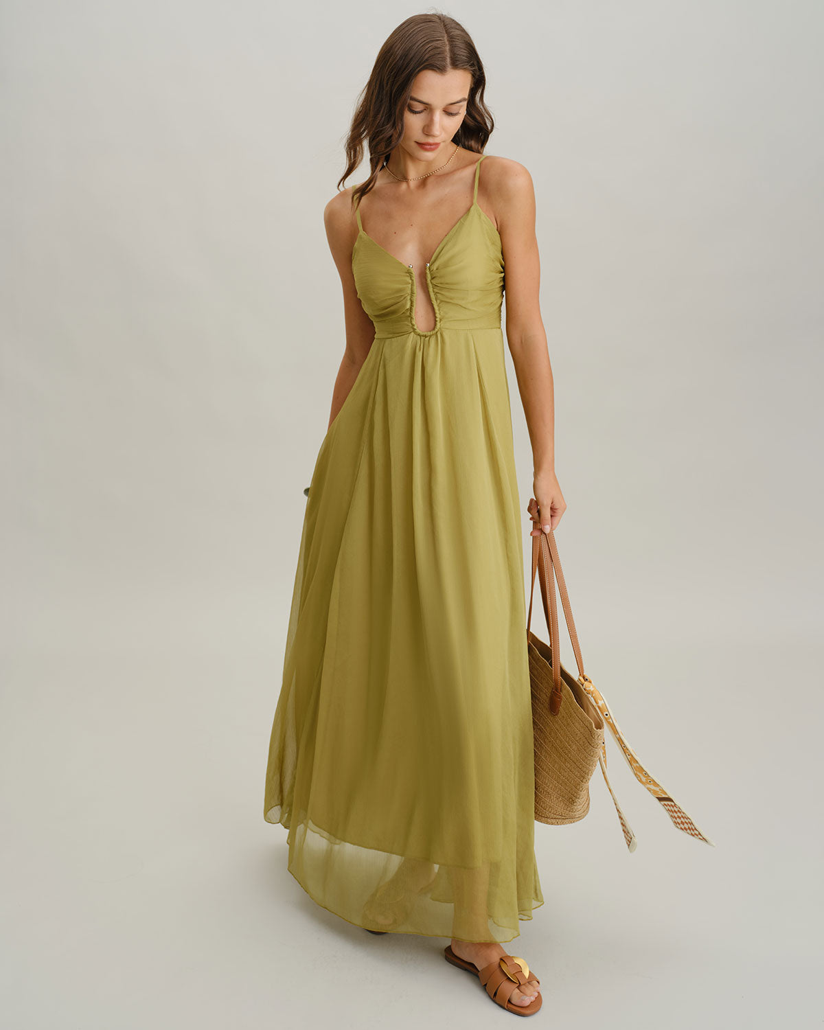 Thea | Damen Maxikleid mit Raffung – Grün