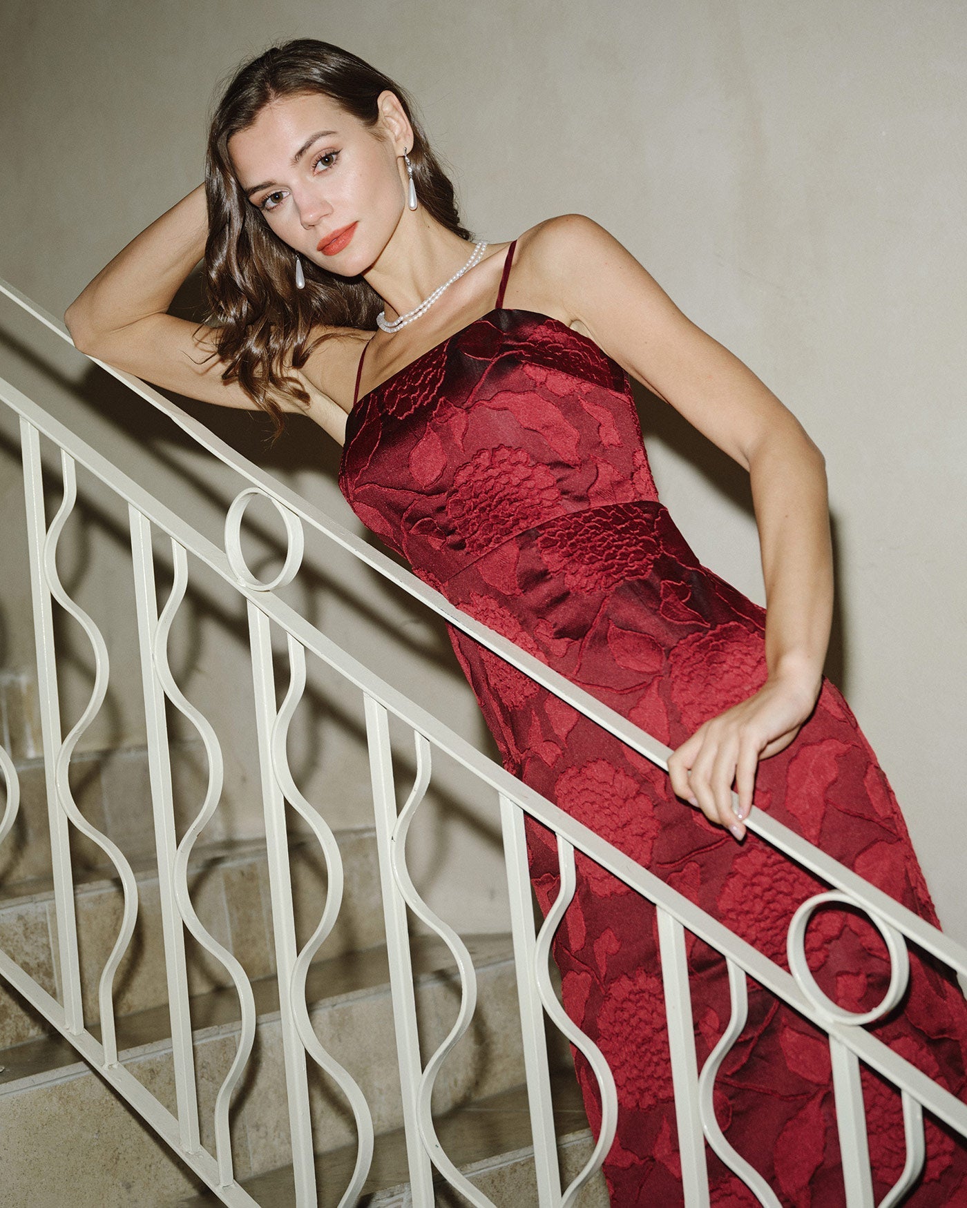 Dalia | Damen Jacquard-Maxikleid – Rot