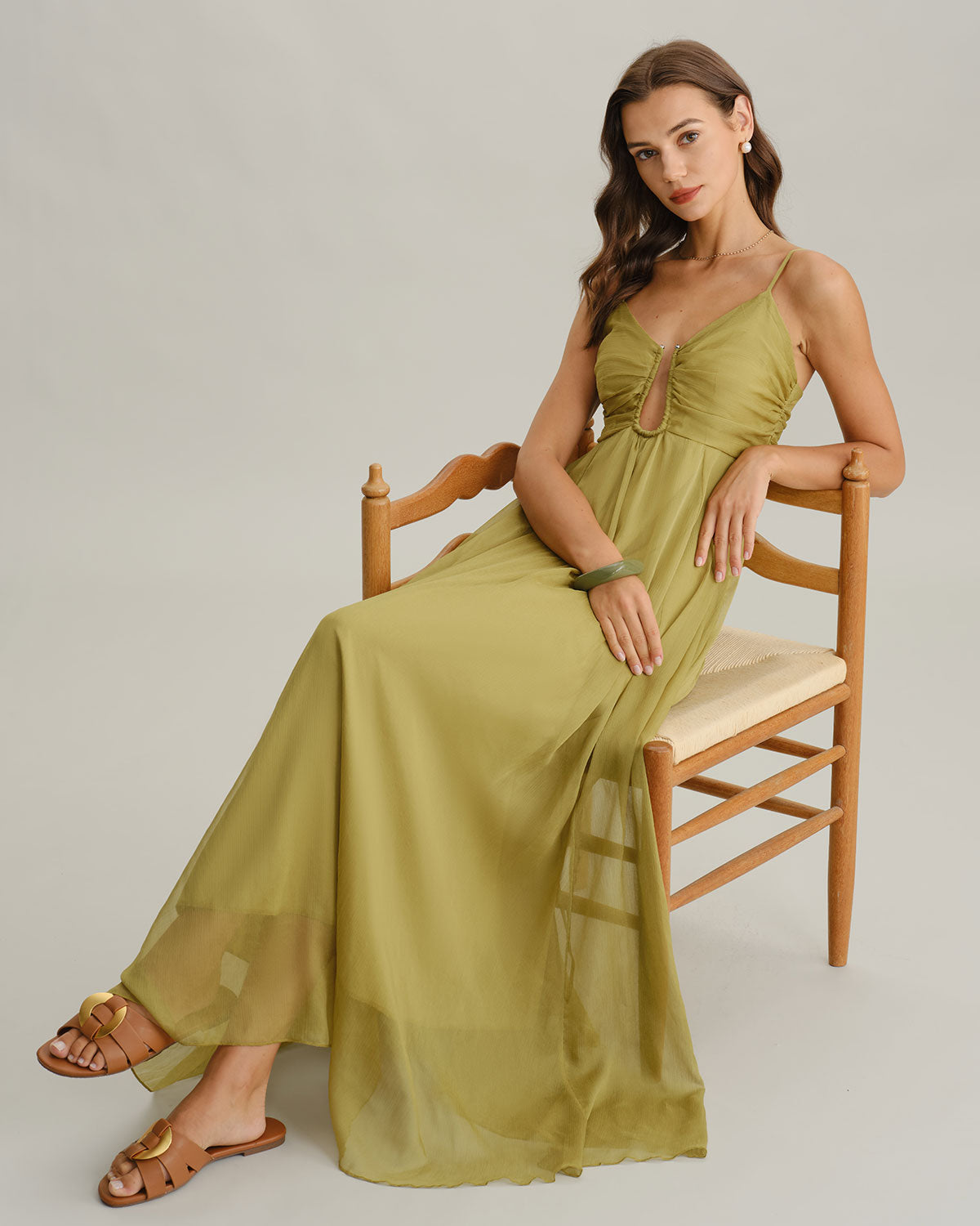 Thea | Damen Maxikleid mit Raffung – Grün