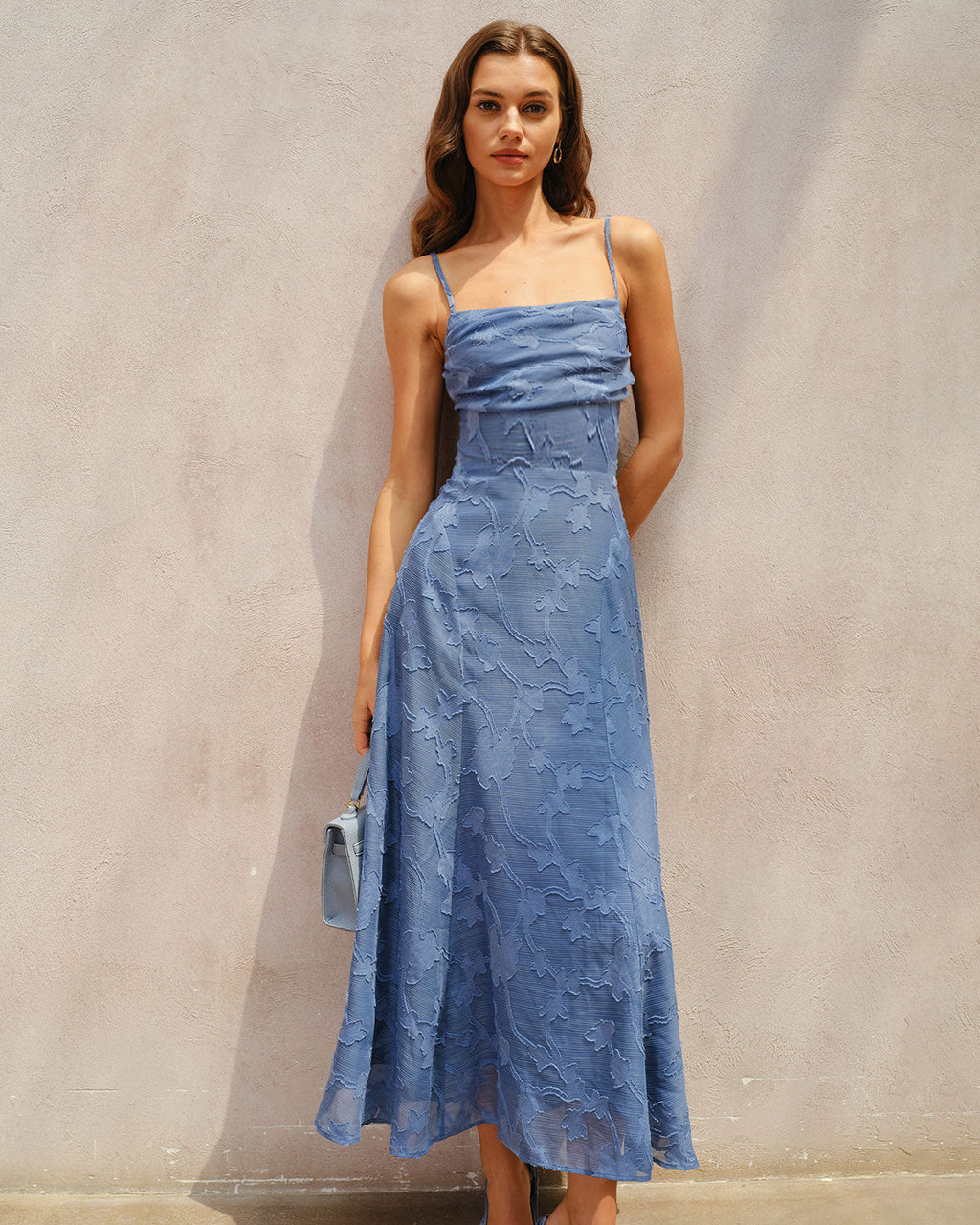 Zélie | Damen Jacquard-Maxikleid mit Raffung – Blau