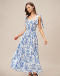 Amara | Damen Floral-Maxikleid mit Bindeträgern – Blau