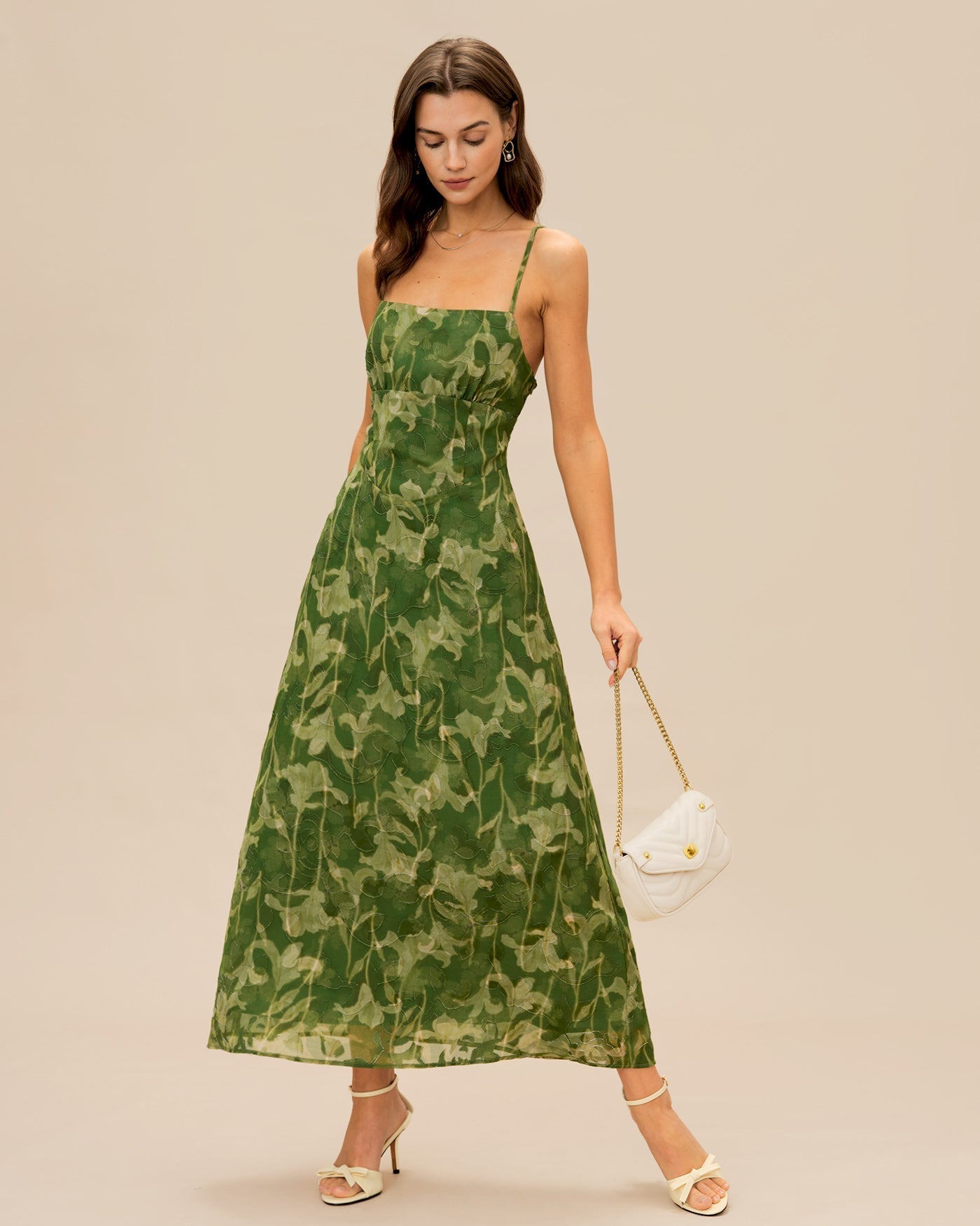 Lana | Damen Floral-Maxikleid mit Kreuzträgern – Grün