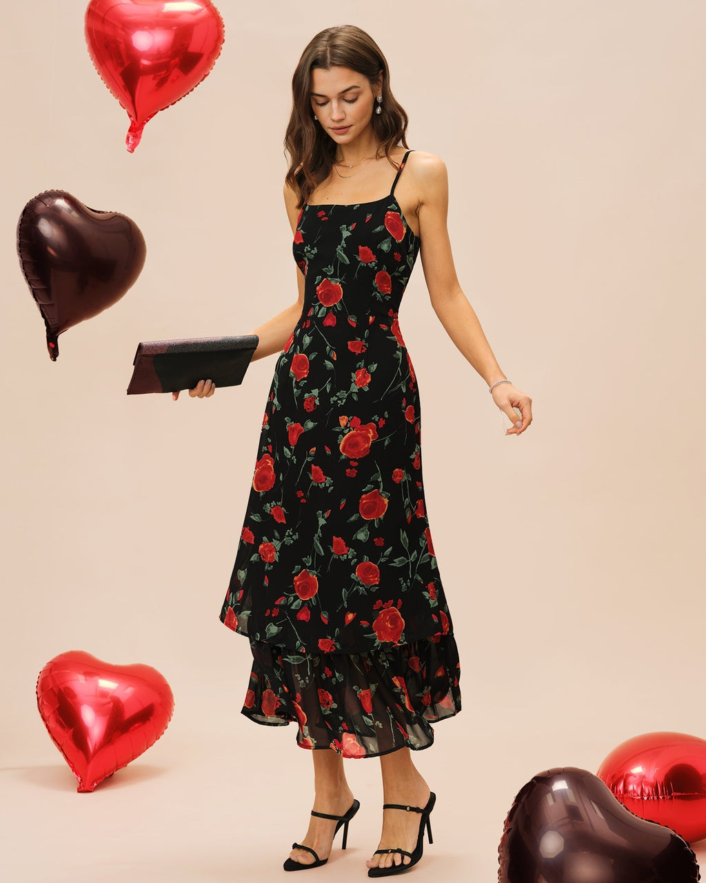 Bianca | Damen Chiffon-Floral-Maxikleid – Schwarz