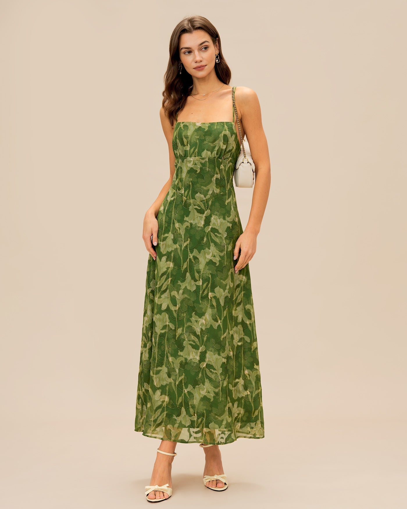 Lana | Damen Floral-Maxikleid mit Kreuzträgern – Grün