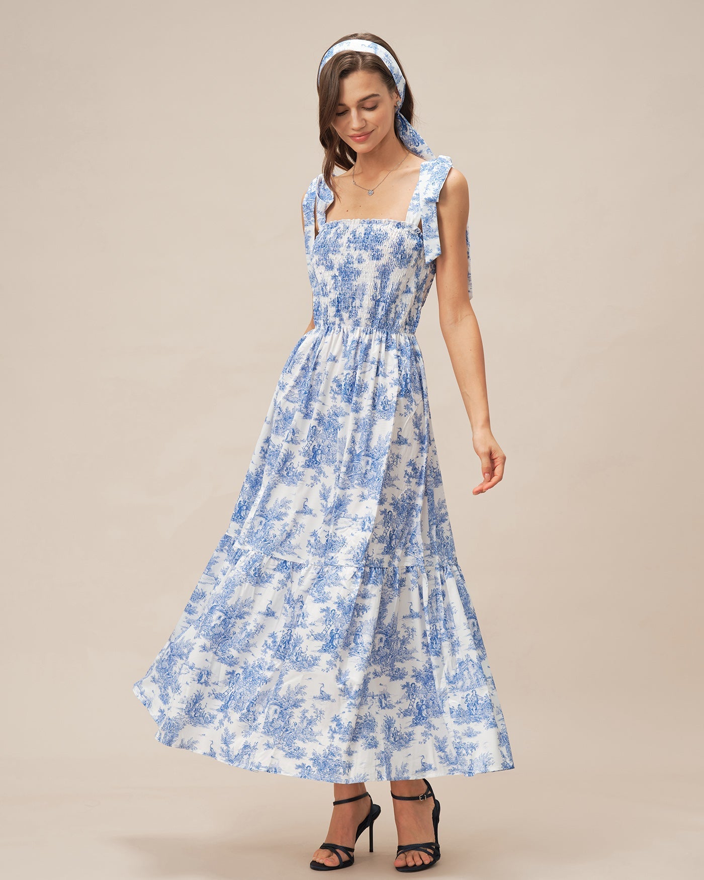 Amara | Damen Floral-Maxikleid mit Bindeträgern – Blau