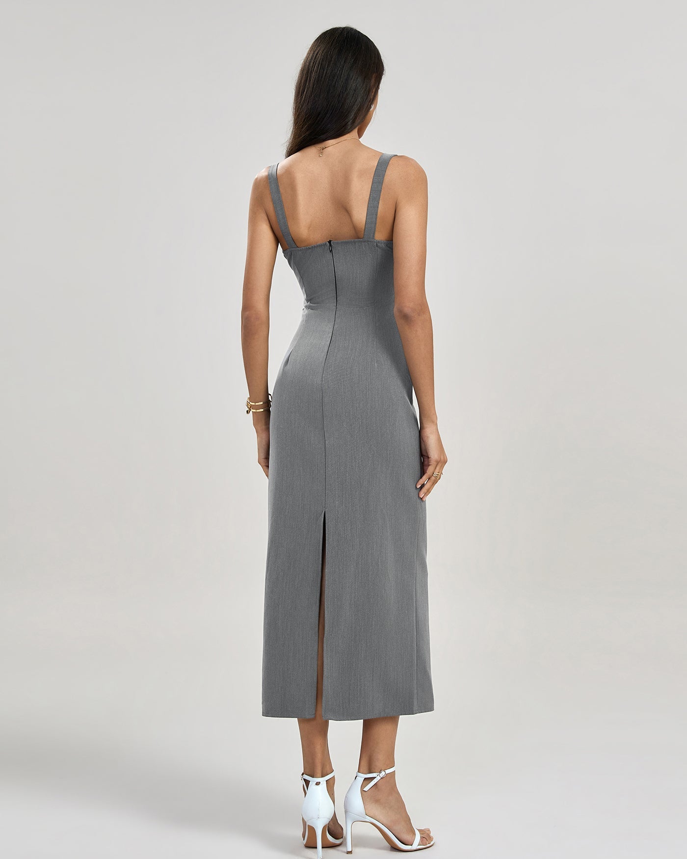 Amélie | Damen Maxikleid mit Plissee – Grau