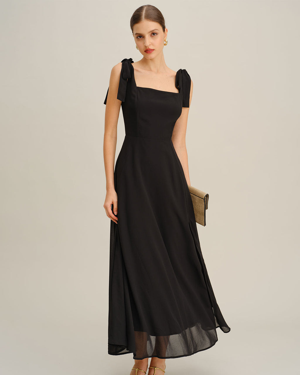 Coralie | Damen Chiffon-Maxikleid mit Bindeträgern – Schwarz