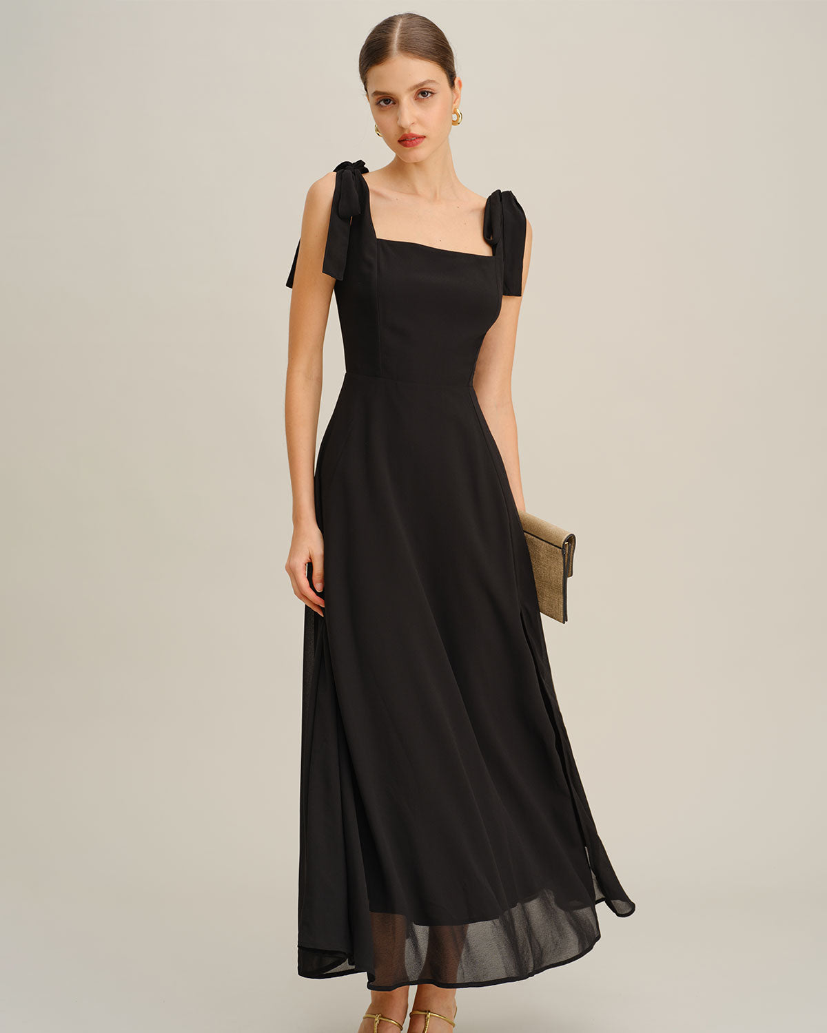 Coralie | Damen Chiffon-Maxikleid mit Bindeträgern – Schwarz