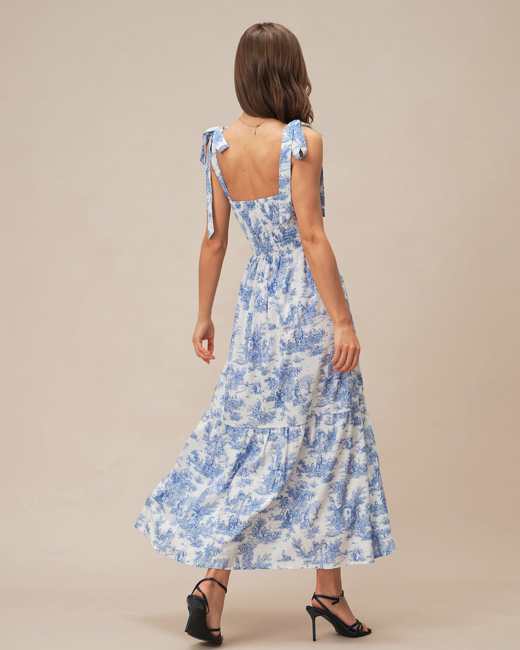 Amara | Damen Floral-Maxikleid mit Bindeträgern – Blau