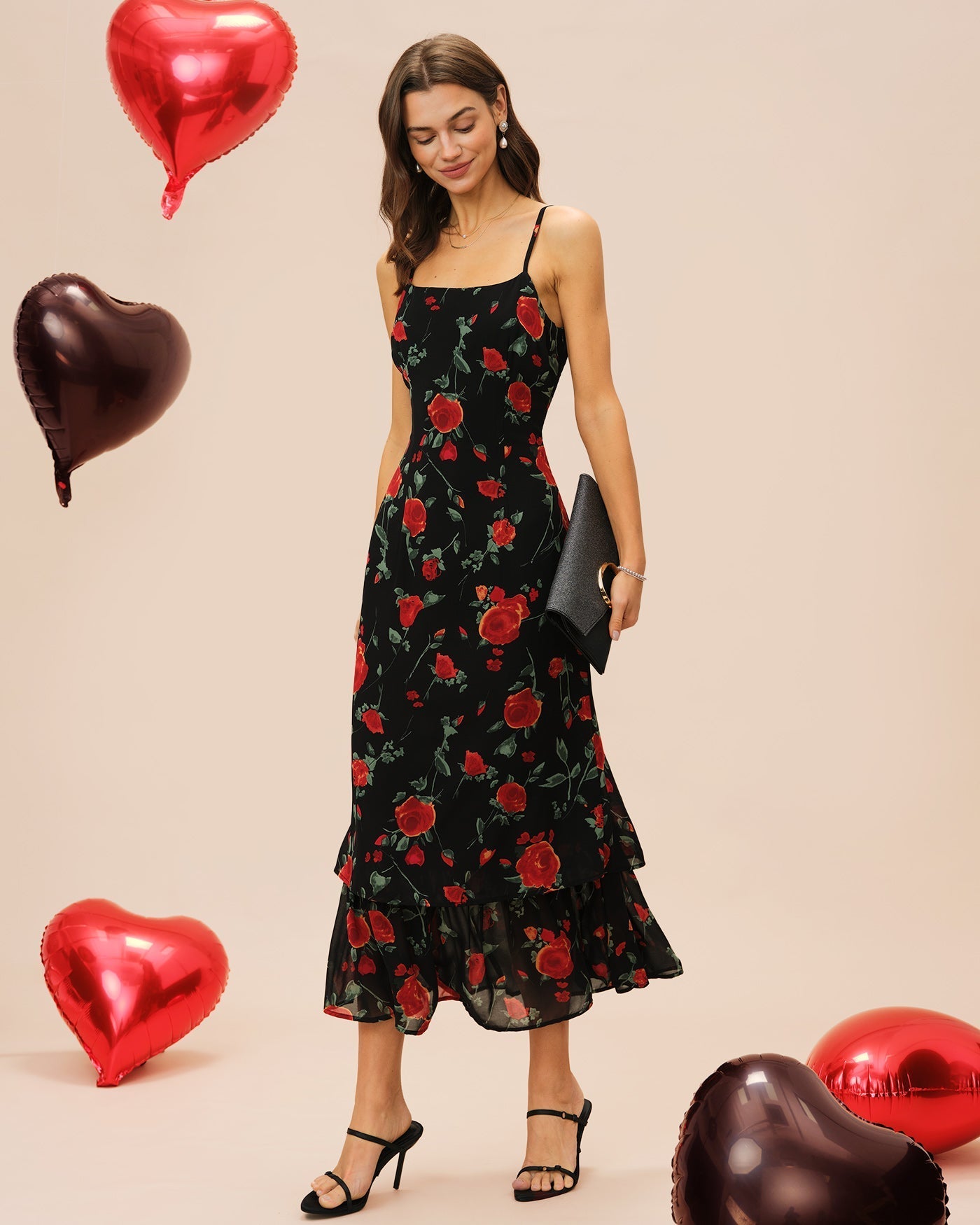 Bianca | Damen Chiffon-Floral-Maxikleid – Schwarz