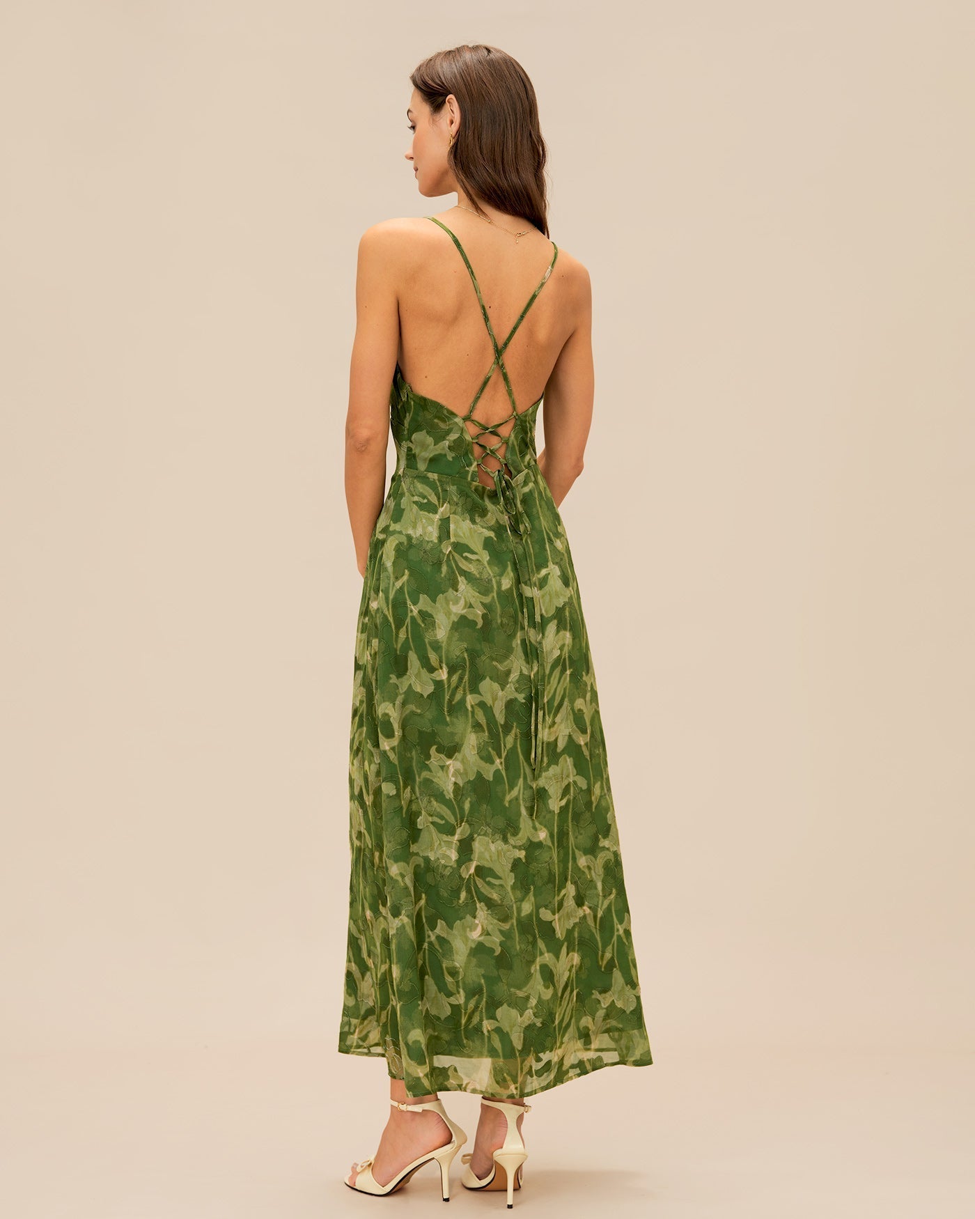 Lana | Damen Floral-Maxikleid mit Kreuzträgern – Grün