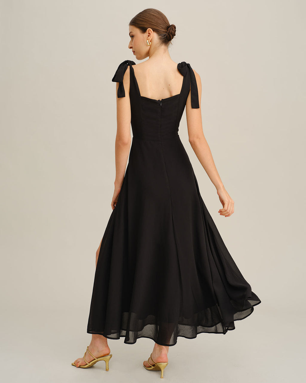 Coralie | Damen Chiffon-Maxikleid mit Bindeträgern – Schwarz