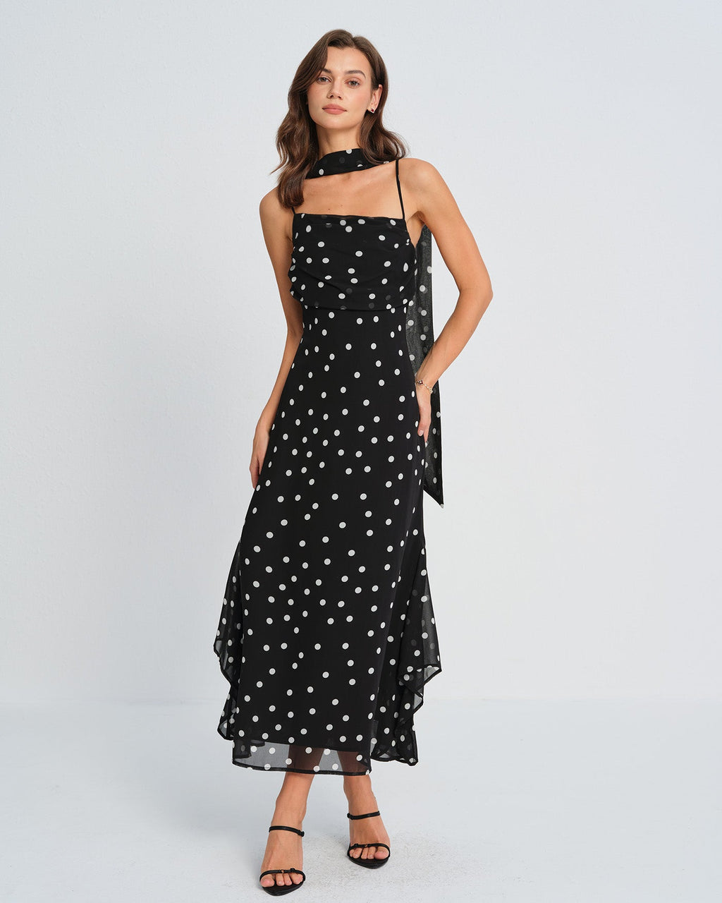 Ophelia | Damen Polka-Dot-Maxikleid – Schwarz