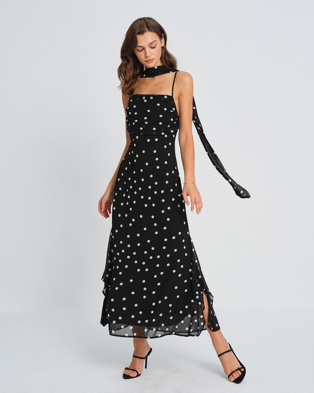 Ophelia | Damen Polka-Dot-Maxikleid – Schwarz