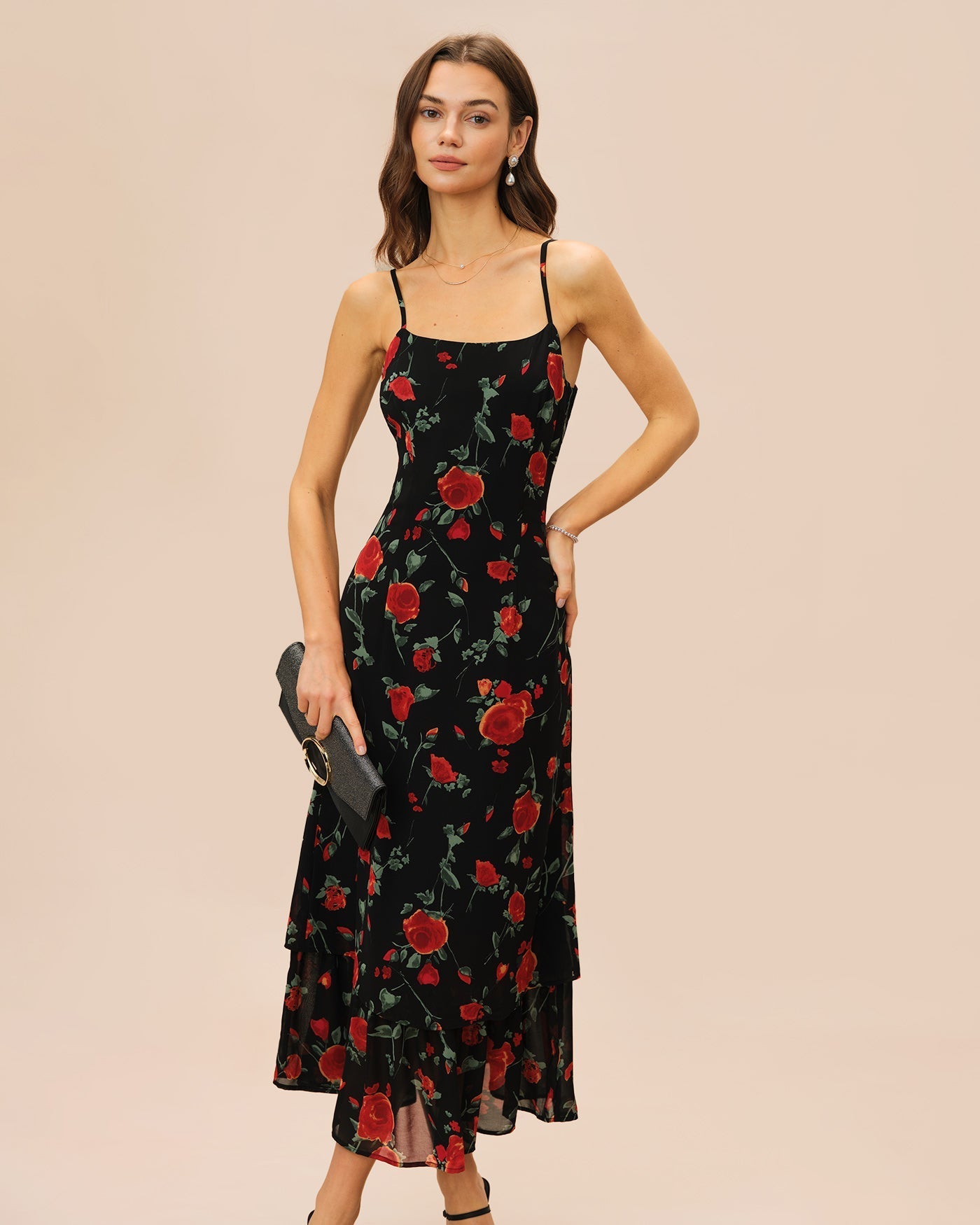Bianca | Damen Chiffon-Floral-Maxikleid – Schwarz