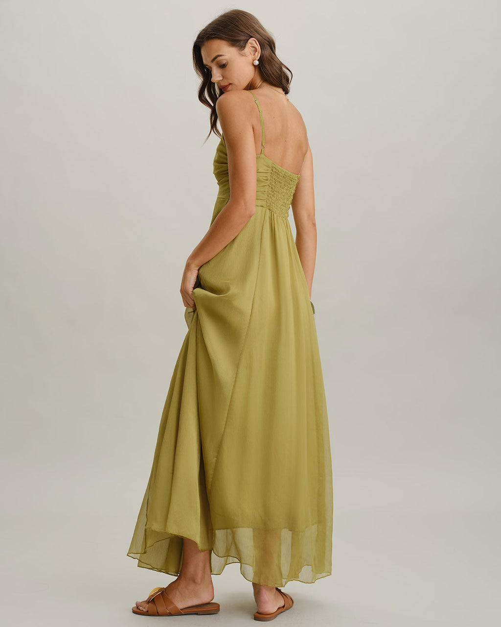 Thea | Damen Maxikleid mit Raffung – Grün