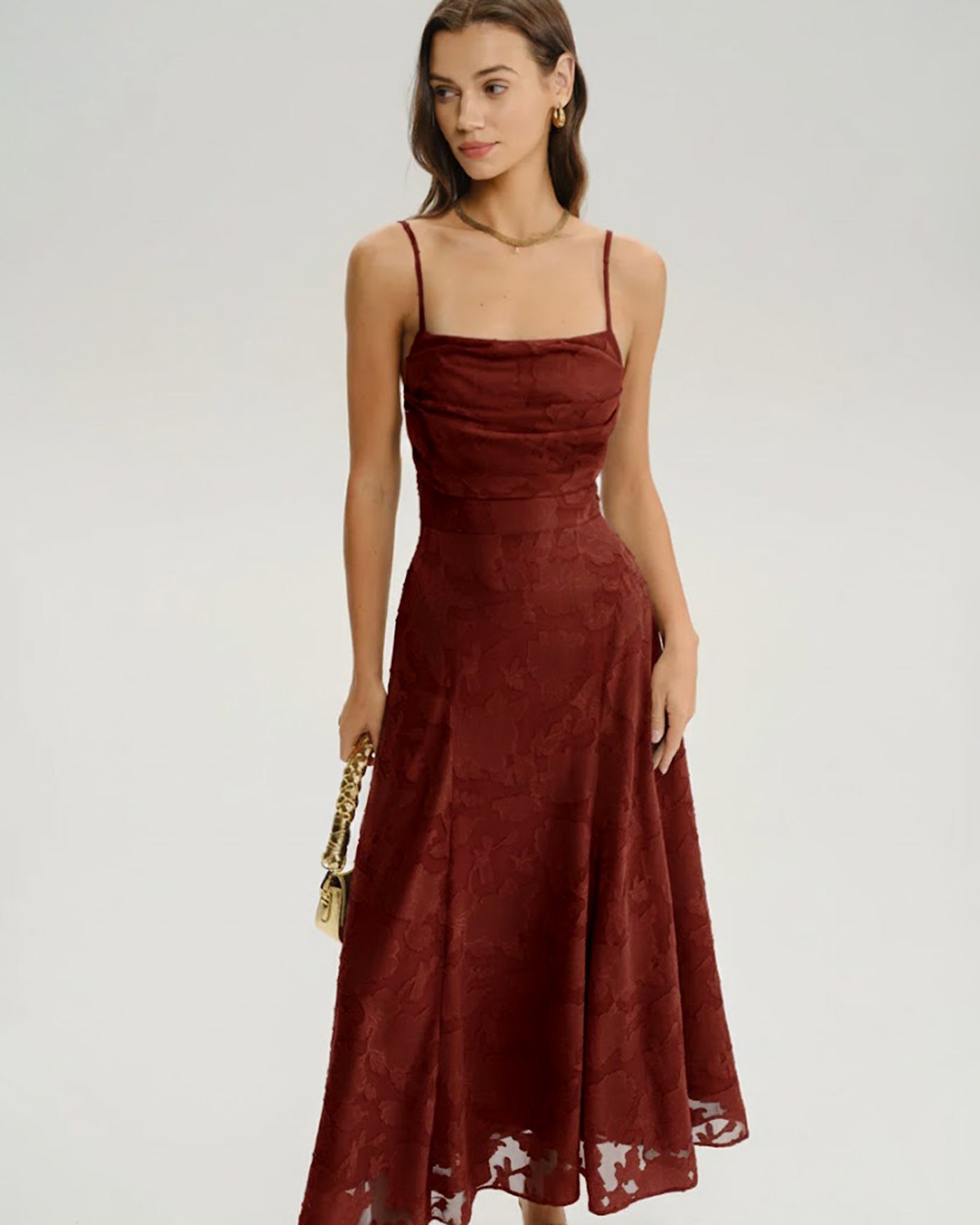 Sabine | Damen Floral-Maxikleid mit Kreuzträgern – Ziegelrot