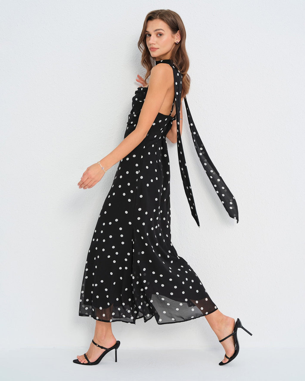 Ophelia | Damen Polka-Dot-Maxikleid – Schwarz
