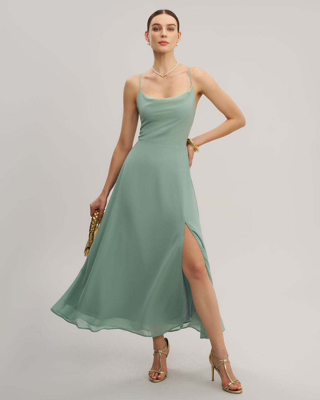 Maëlle | Damen Maxikleid mit Beinschlitz – Grün