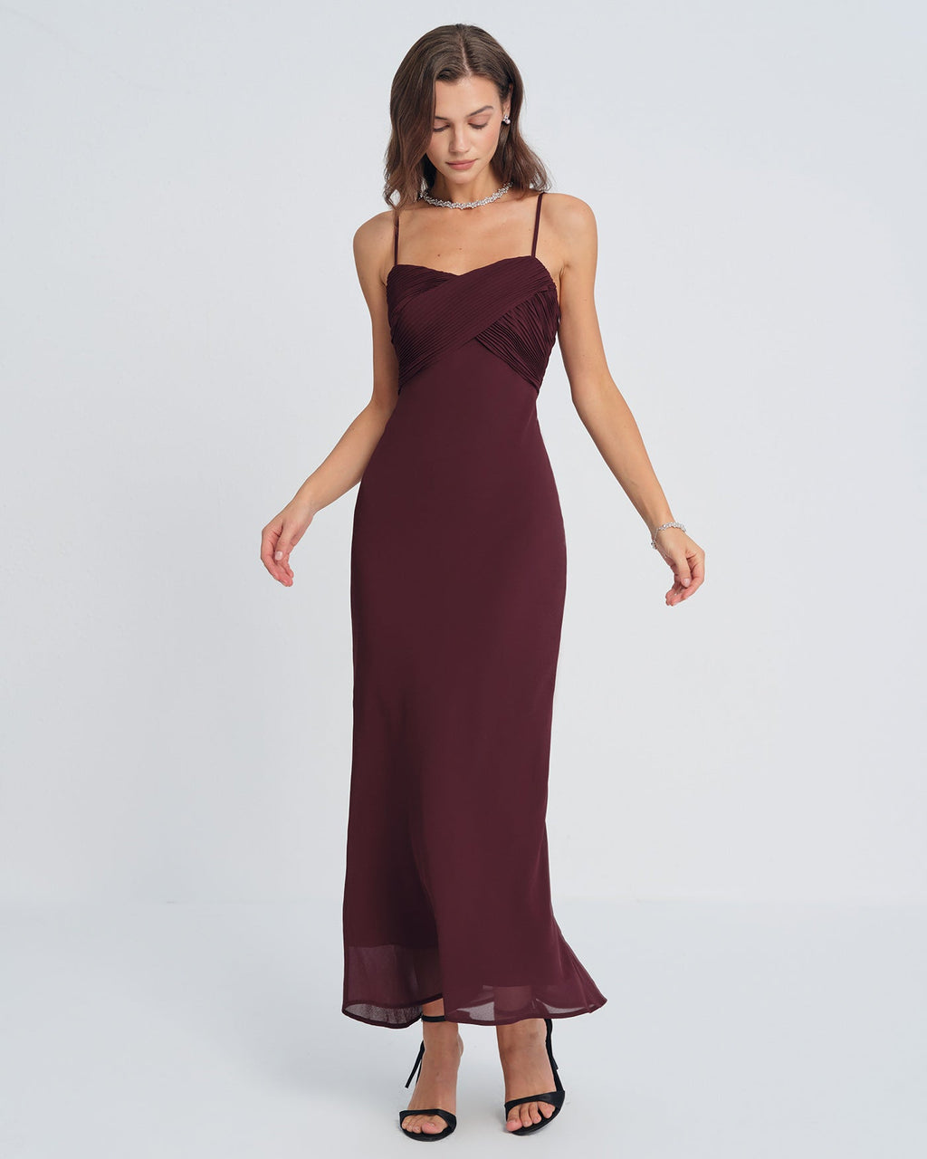 Inès | Damen Maxikleid mit Raffung – Bordeaux