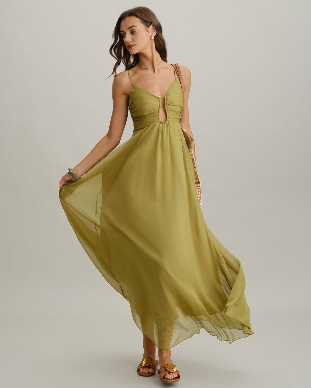 Thea | Damen Maxikleid mit Raffung – Grün
