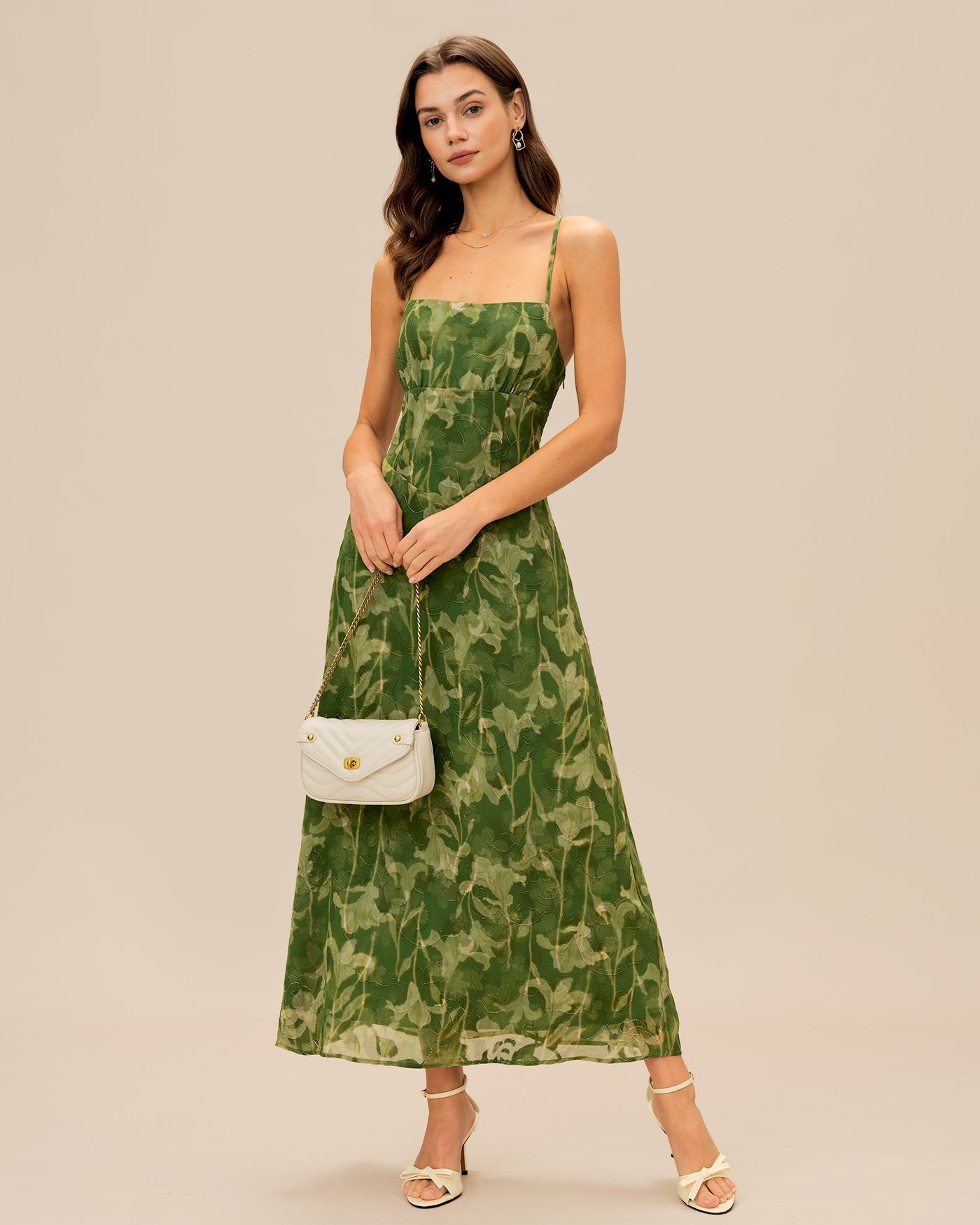 Lana | Damen Floral-Maxikleid mit Kreuzträgern – Grün