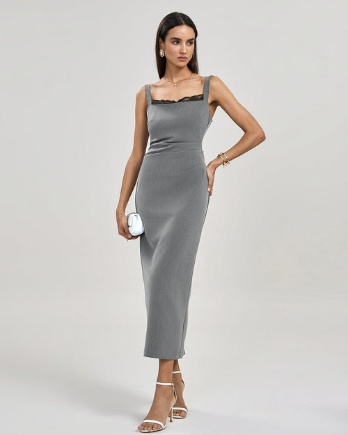 Amélie | Damen Maxikleid mit Plissee – Grau