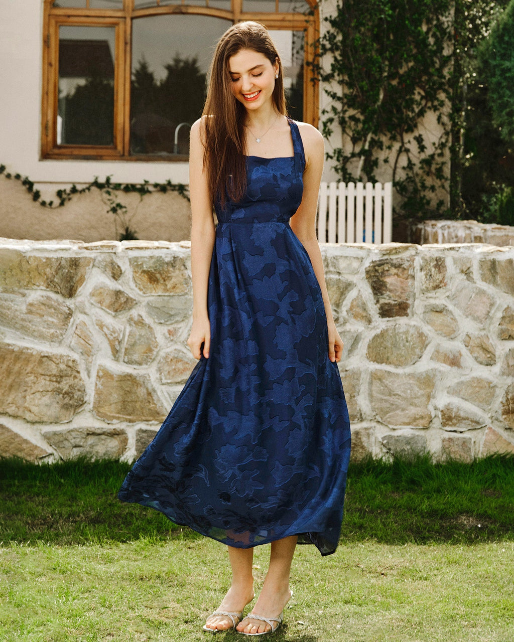 Odette | Damen Jacquard-Maxikleid – Dunkelblau