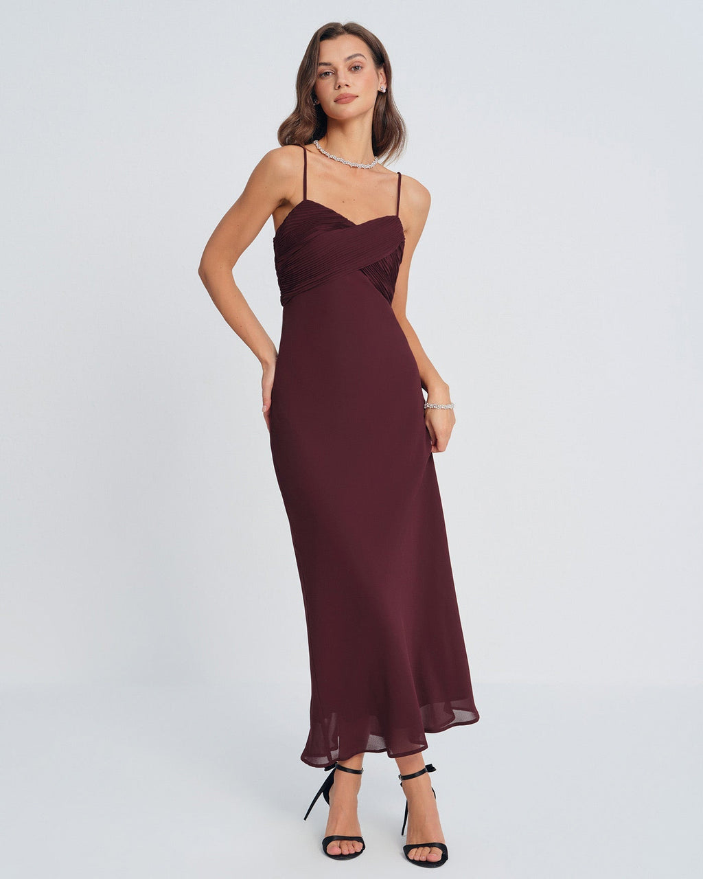Inès | Damen Maxikleid mit Raffung – Bordeaux