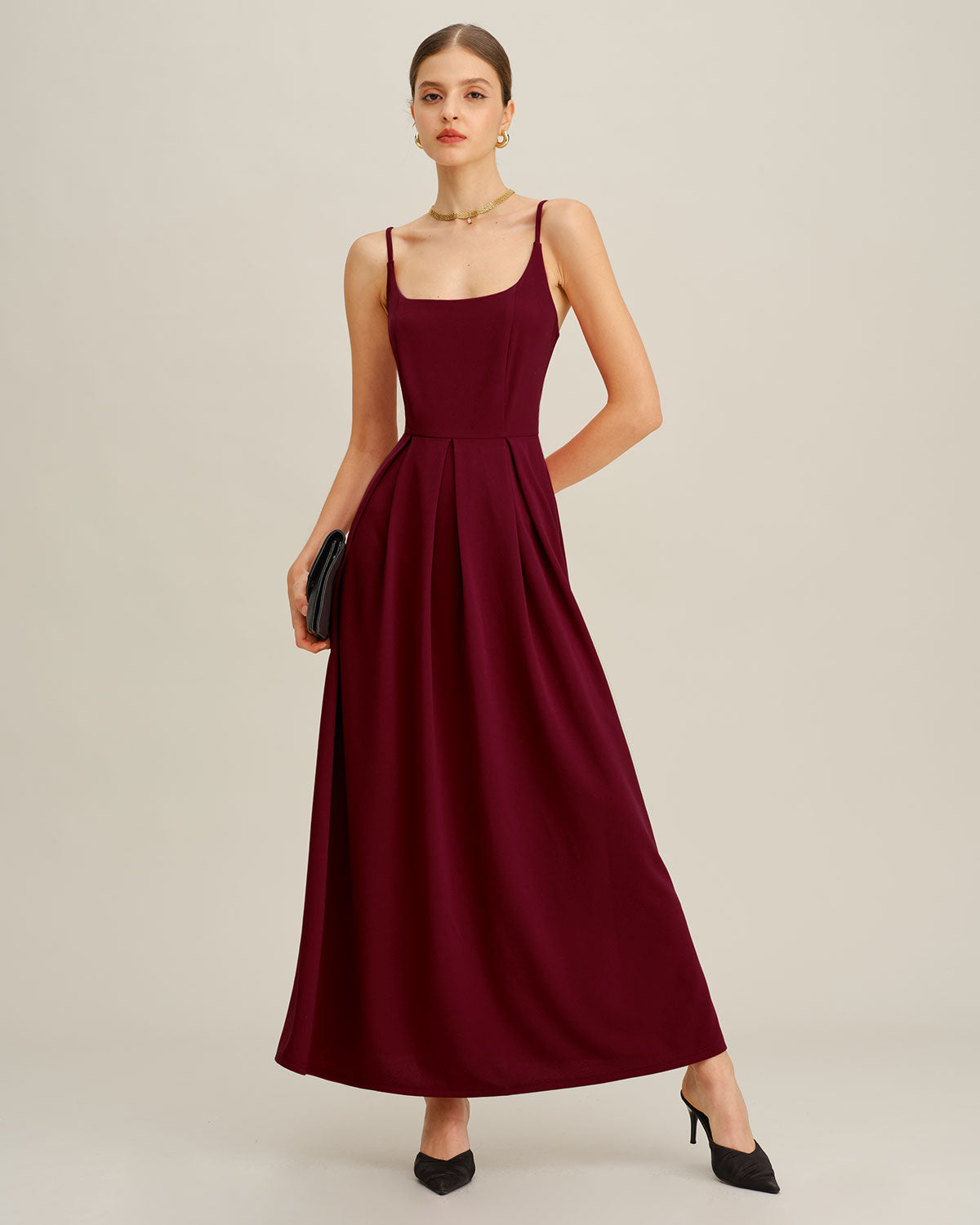 Rhea | Damen Maxikleid mit Plissee – Bordeaux