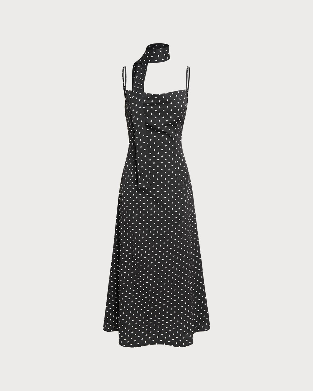 Freya | Damen Polka-Dot-Maxikleid mit Wasserfall-Ausschnitt – Schwarz