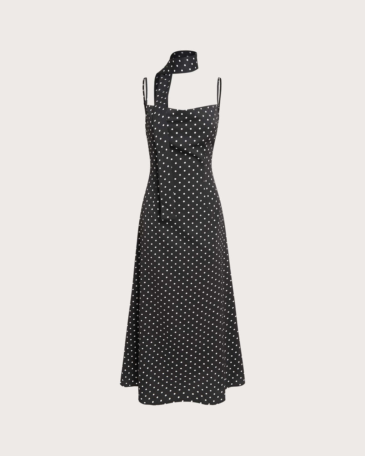 Freya | Damen Polka-Dot-Maxikleid mit Wasserfall-Ausschnitt – Schwarz