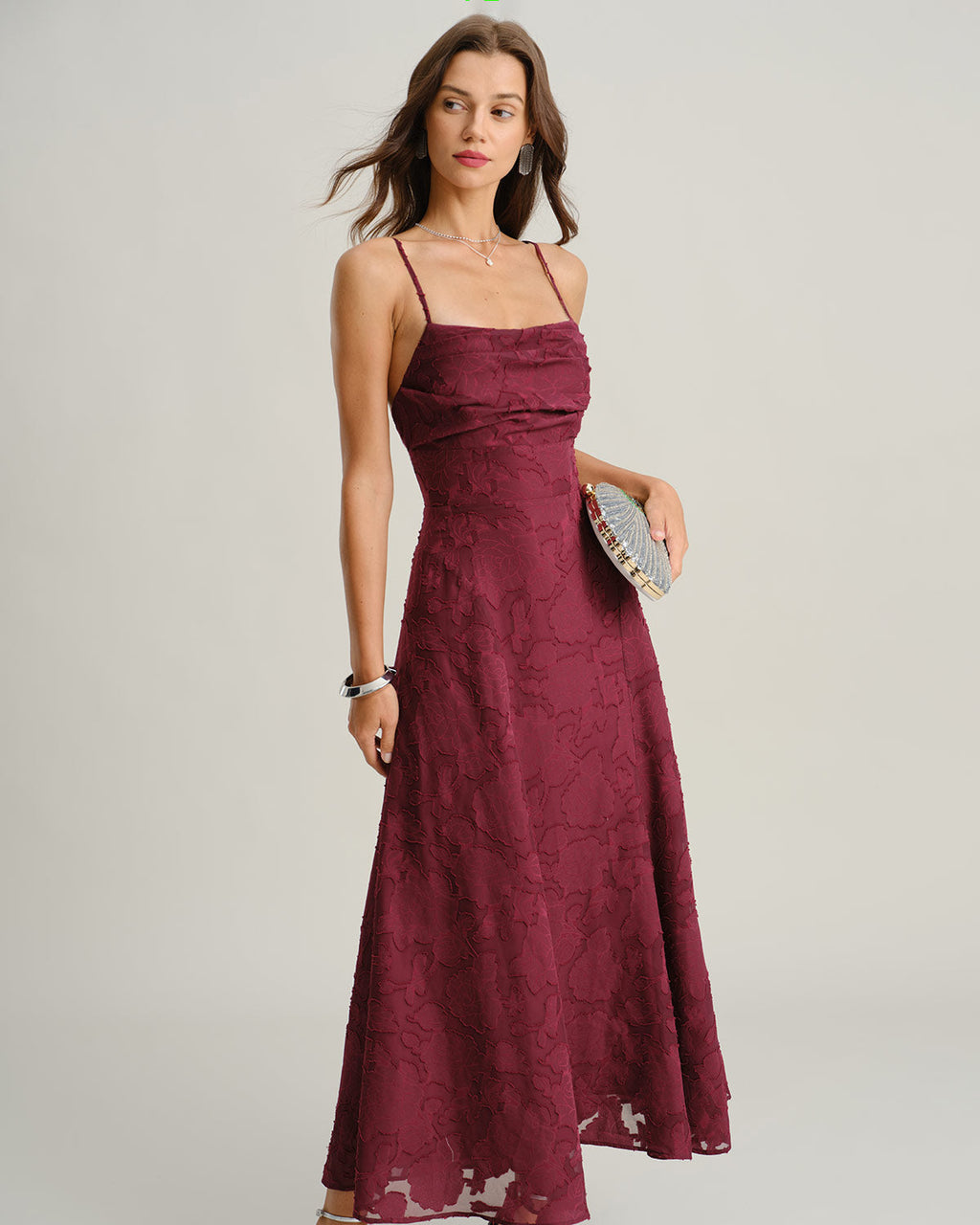 Cassandra | Damen Jacquard-Maxikleid – Bordeaux